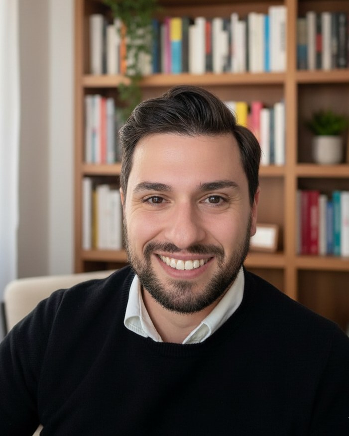 Ritratto di Cristiano Fanelli, sorridente, davanti a una libreria